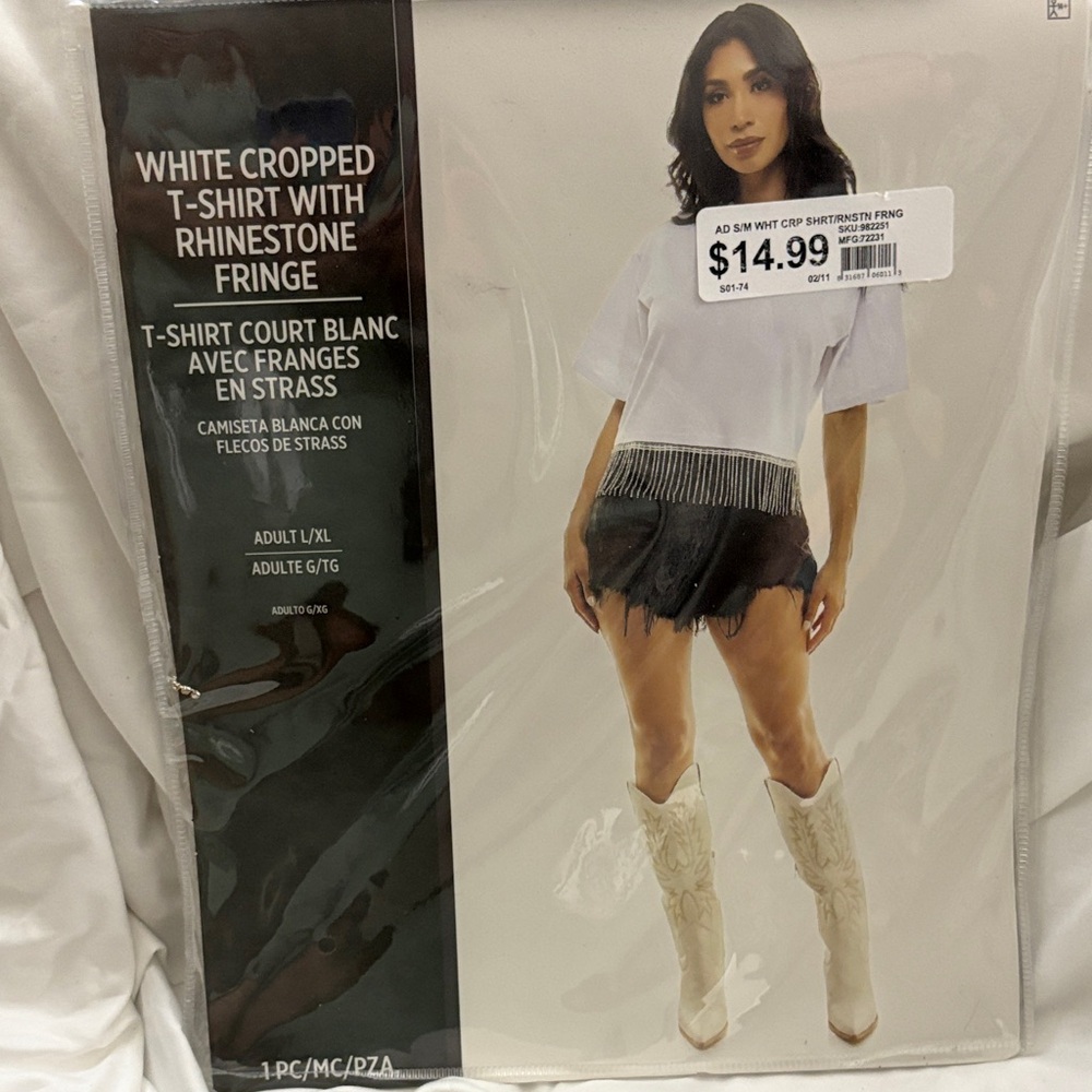 White Cropped T-Shirt with Rhinestone Fringe